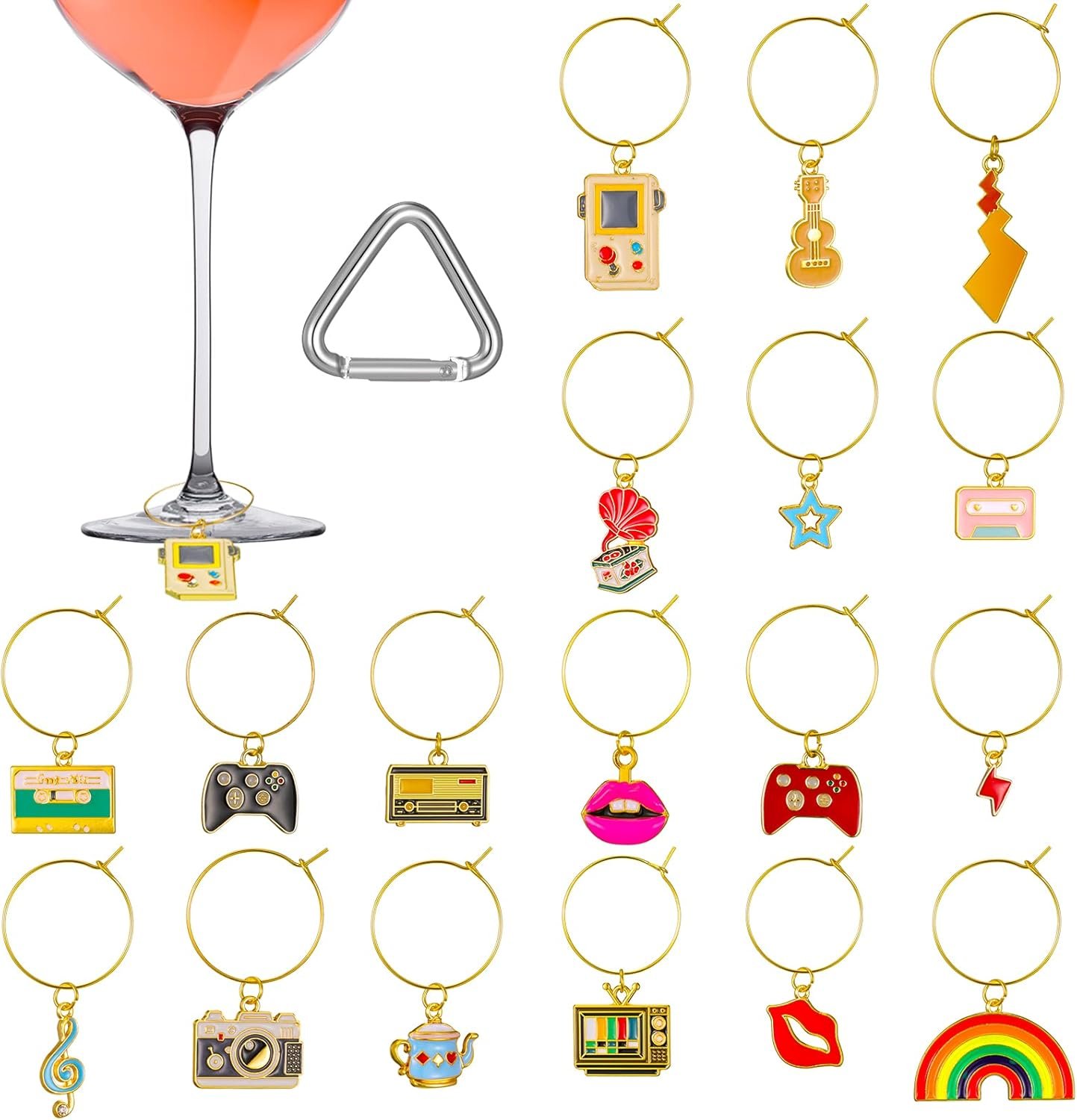 18-Piece 80s Vintage Wine Glass Charms Set with Bag