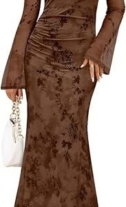 Women’s Long Sleeve Floral Bodycon Ruched Mesh Maxi Dress