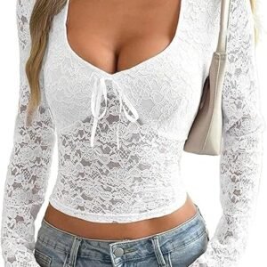 Womens Lace V Neck Mesh Long Sleeve Crop Tops