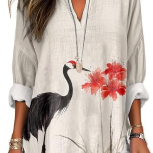 Womens Japanese Art Graphic Long Sleeve Oversized Shirt
