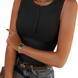Womens Ribbed Henley Tank Top Sleeveless High Neck Shirt