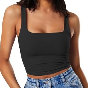 Womens Strappy Square Neck Double Layer Crop Tank Top