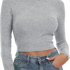 Womens Ribbed Long Sleeve Round Neck Fitted Crop Top