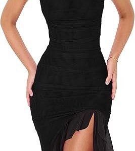 Women’s Square Neck Ruched Ruffle Bodycon Midi Dress