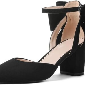 Women’s Black Pointed Toe Bow Ankle Strap Pumps