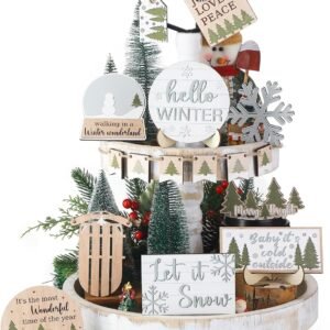 Rustic Winter Tiered Tray Decor Set Snowman Snowflake Wooden Table Signs