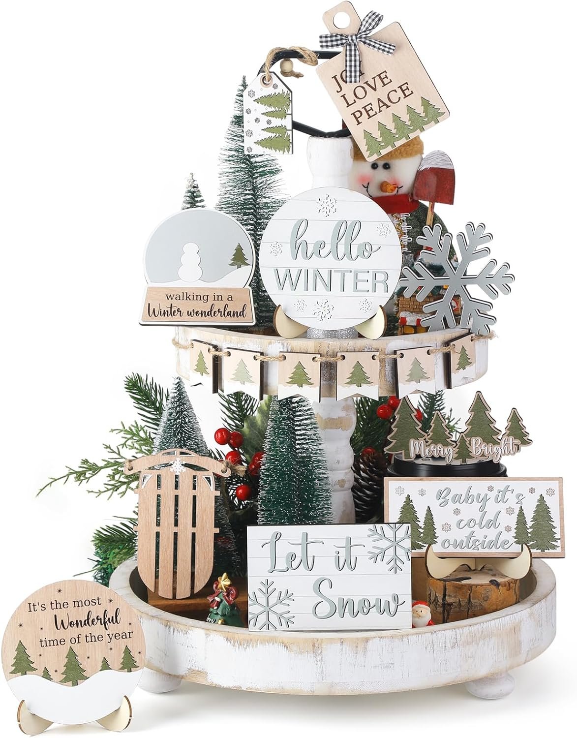 Rustic Winter Tiered Tray Decor Set Snowman Snowflake Wooden Table Signs