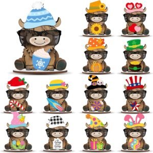 Interchangeable Highland Cow Decor Wooden Farmhouse Tiered Tray Seasonal Table Centerpiece