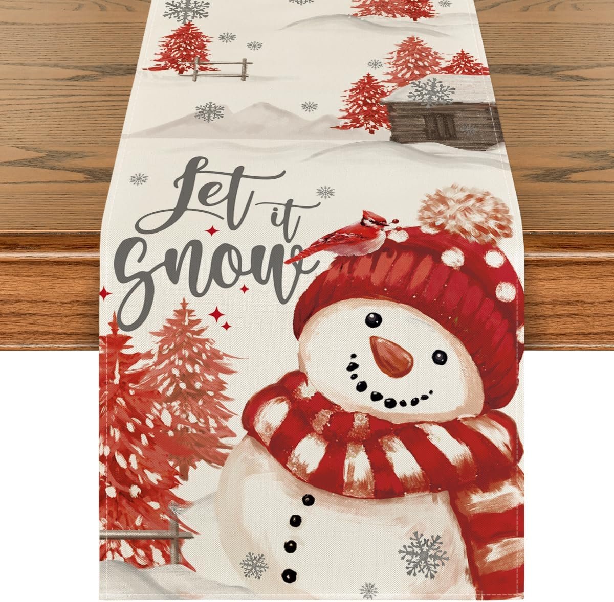 Christmas Table Runner Red Snowman Xmas Trees Winter Holiday Home Decor