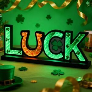 St. Patrick's Day Luck Sign Infinity Mirror Shamrock Night Light Decor