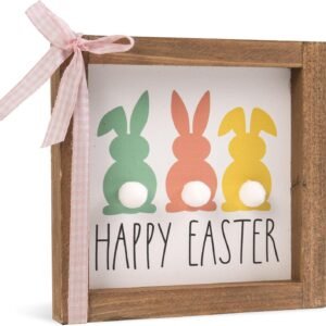 Happy Easter Wooden Bunny Sign 3D Pom Pom Tail Spring Farmhouse Decor