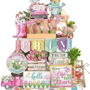 Hello Spring Tiered Tray Decor 35PCS Flower Gnome Wooden Farmhouse Signs