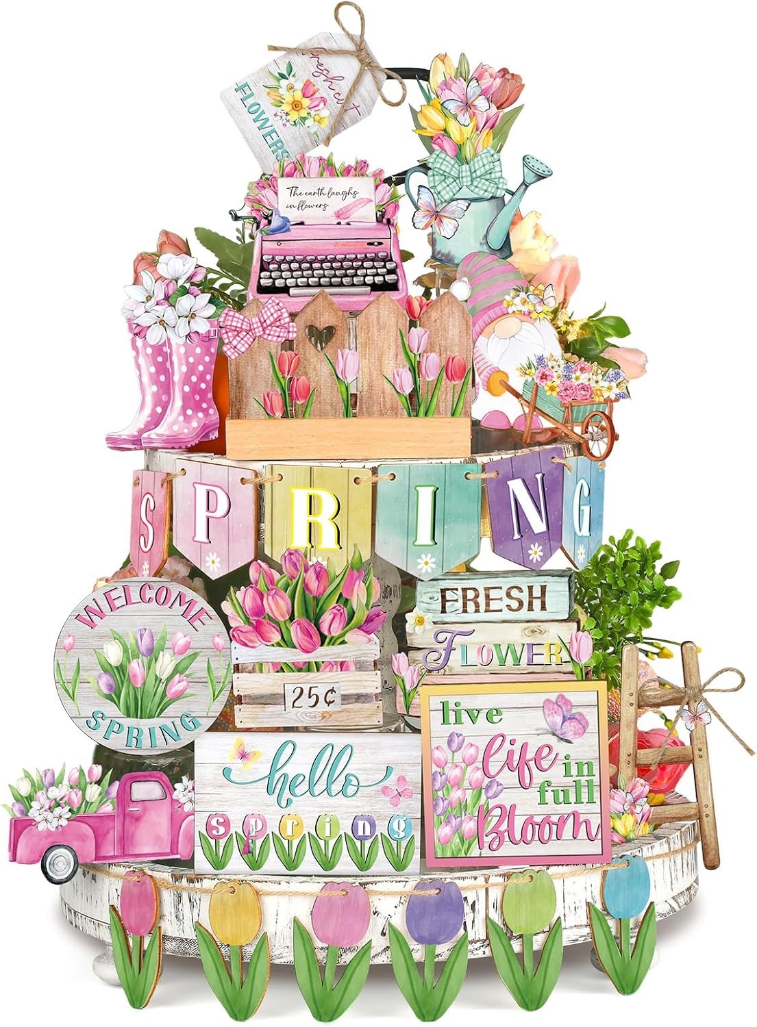 Hello Spring Tiered Tray Decor 35PCS Flower Gnome Wooden Farmhouse Signs