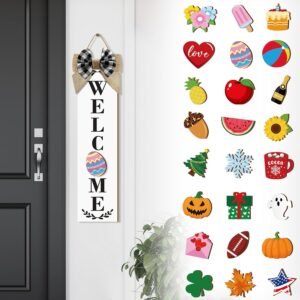 Holiday Interchangeable Welcome Sign Front Door Wood Porch 24 Seasonal Icons