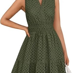 Women’s Sleeveless V Neck Eyelet A Line Mini Dress