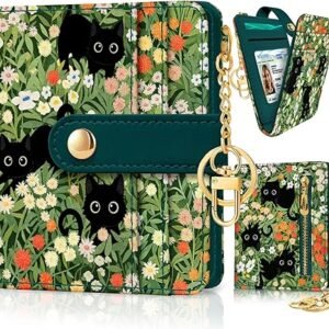 Black Cat Floral RFID Women’s Wallet – Small Slim PU Leather Bifold Credit Card Holder with Zipper Coin Pocket & ID Window