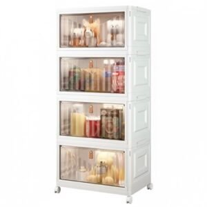 4 Tier Stackable Storage Bins with Lids Wheels Foldable Organizers White