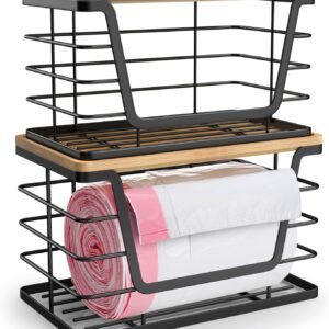 2-Pack Stackable Kitchen Laundry Organizers Bamboo Top Trash Bag Holder Dispenser