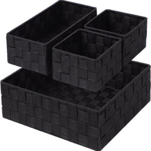 Set of 4 Small Black Woven Storage Baskets Cube Organizer for Drawer