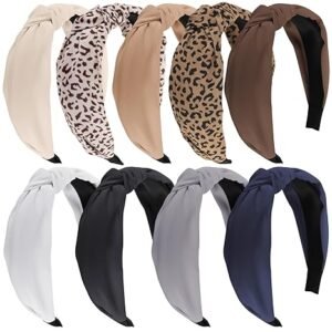 9 Pack Knotted Headbands for Women – Leopard Print & Solid Wide Hairbands for Girls