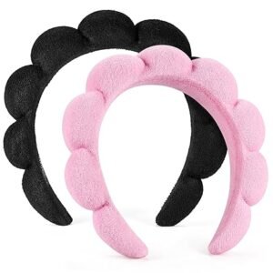 Spa Headbands for Women – 2 Pack Terry Cloth Hairbands for Face Wash, Skincare & Makeup (Black & Pink)