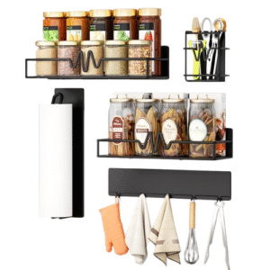5-Pack Magnetic Spice Rack Set for Refrigerator with Paper Towel Holder Black