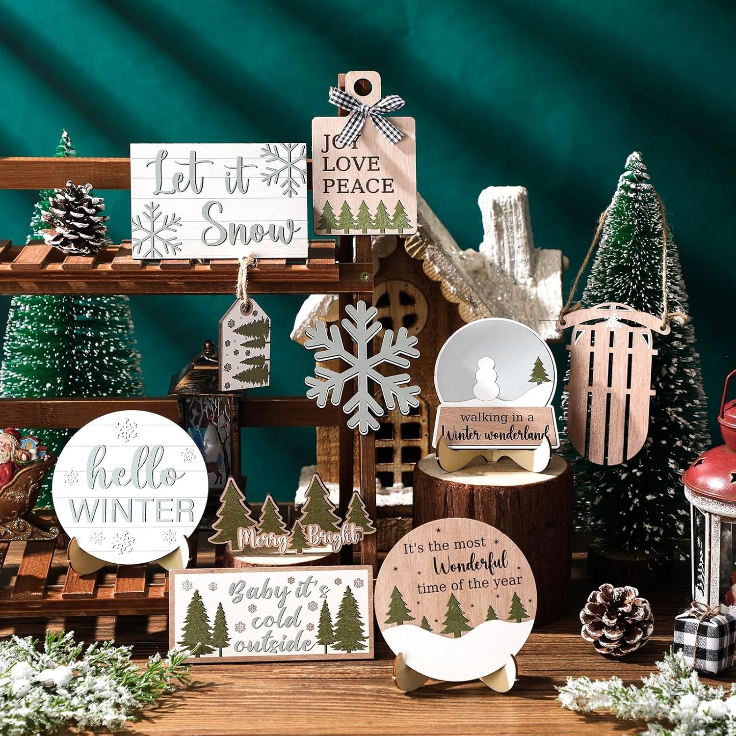 Rustic Winter Tiered Tray Decor Set Snowman Snowflake Wooden Table Signs - Image 2