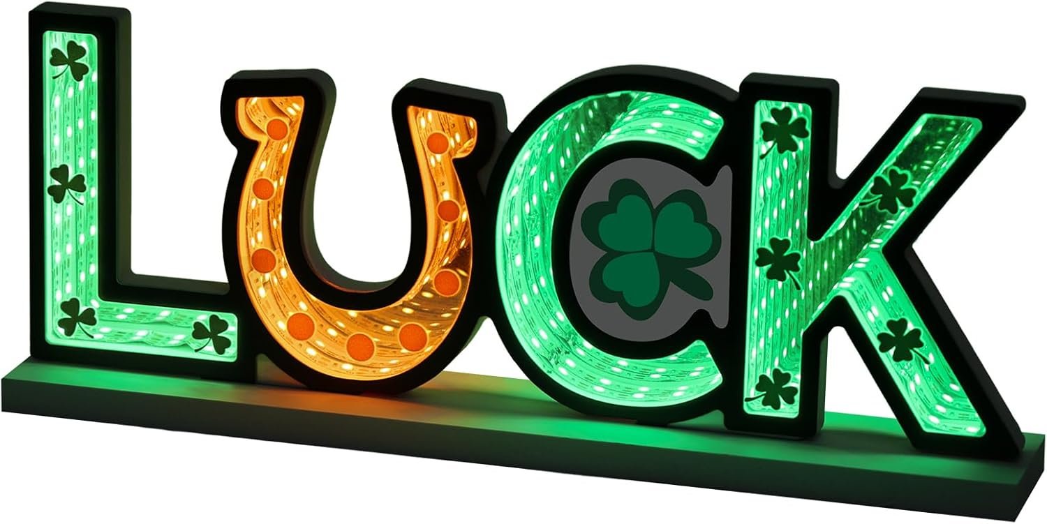 St. Patrick's Day Luck Sign Infinity Mirror Shamrock Night Light Decor - Image 2