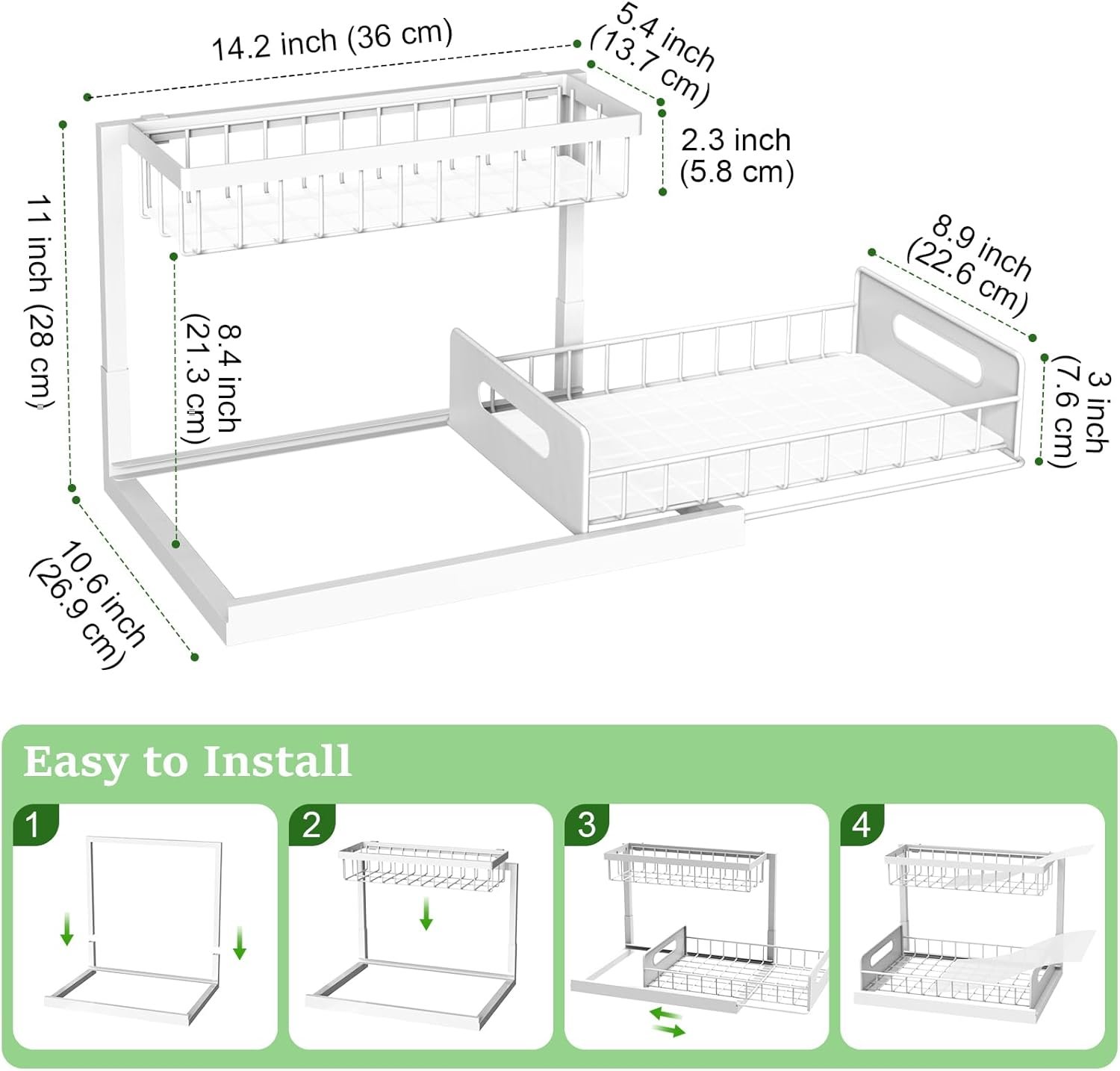 2-Tier Under Sink Organizer Pull-Out Cabinet Storage Shelf White Pack - Image 3