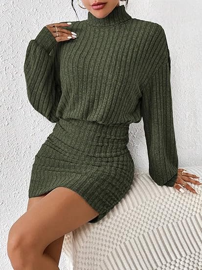 Women’s Turtle Neck Ribbed Knit Bodycon Mini Dress - Image 4
