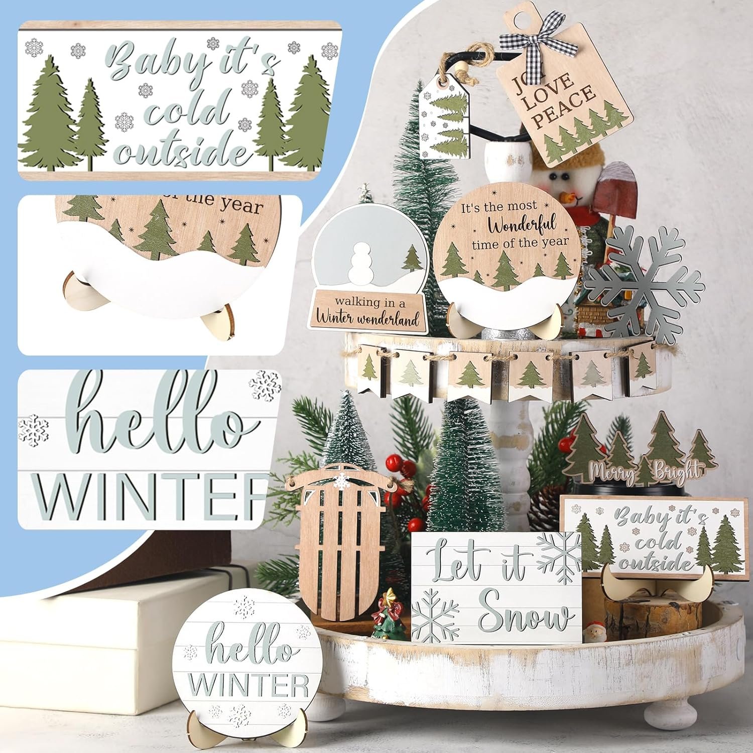 Rustic Winter Tiered Tray Decor Set Snowman Snowflake Wooden Table Signs - Image 4