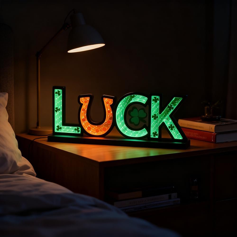 St. Patrick's Day Luck Sign Infinity Mirror Shamrock Night Light Decor - Image 4