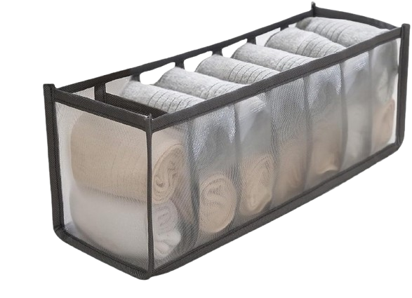 Seven-Compartment Foldable Mesh Fabric Drawer Divider for Closet and Travel Organization