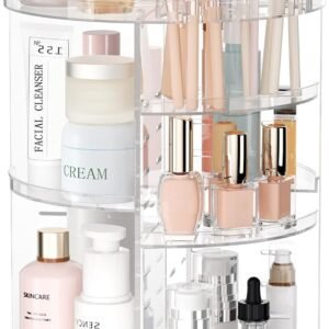 360 Degree Rotating Makeup Organizer with Adjustable Tiers for Vanity and Countertop