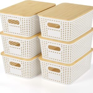 6-Pack Stackable Plastic Storage Baskets with Bamboo Lids for Home and Office