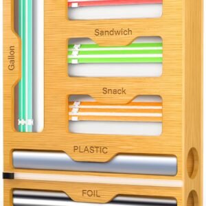 Six-in-One Bamboo Food Bag Organizer and Plastic Wrap Dispenser with Integrated Cutters