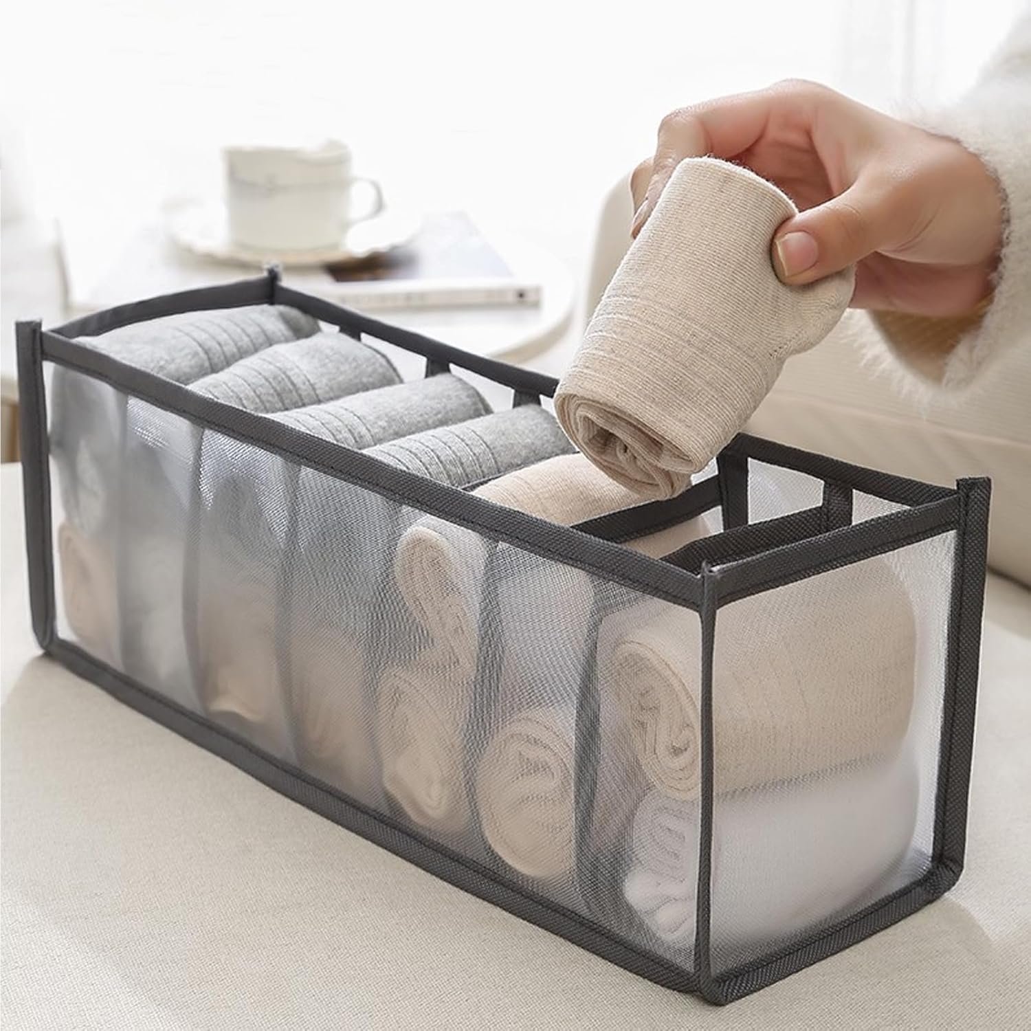 Seven-Compartment Foldable Mesh Fabric Drawer Divider for Closet and Travel Organization - Image 3