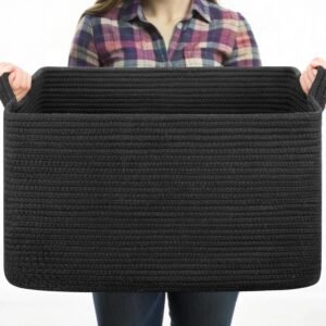 Large Rectangular Black Woven Cotton Rope Basket for Blankets Toys and Laundry