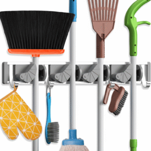 Wall Mounted Broom and Mop Holder with 5 Positions and 6 Hooks